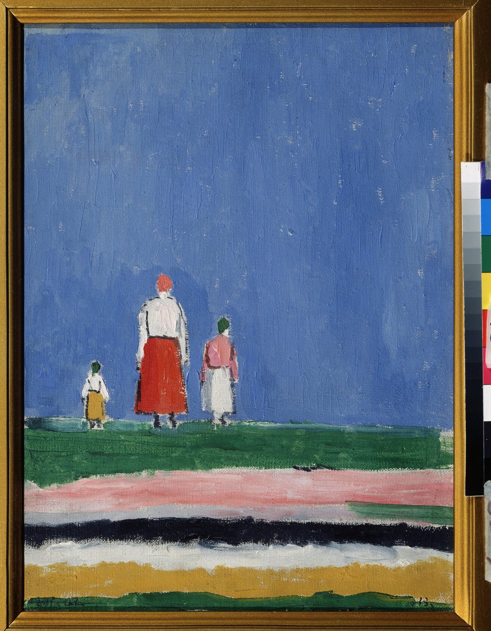 Trzy postacie. Matka z dwójką dzieci, reprezentowana od tyłu. Obraz Kazimierza Siewierinowicza Malewicza (Malevich, Malevic) (1878-1935), olej na płótnie 1913 lub po 1927. Sztuka rosyjska, XX-wieczna awangarda, suprematyzm. Kolekcja p autorstwa Kazimir Severinovich Malevich