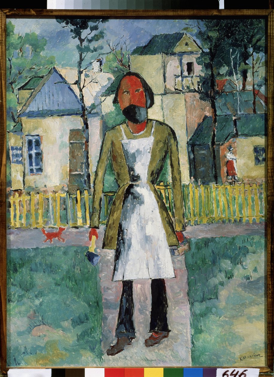 Stolarz (Cieśla). Rzemieślnik stoi przed wioską, ubrany jest w fartuch roboczy i obiema rękami trzyma narzędzia. Obraz Kasimira Severinovicha Malewicza (Malevich, Malevic) (1878-1935), olej na drewnie autorstwa Kazimir Severinovich Malevich