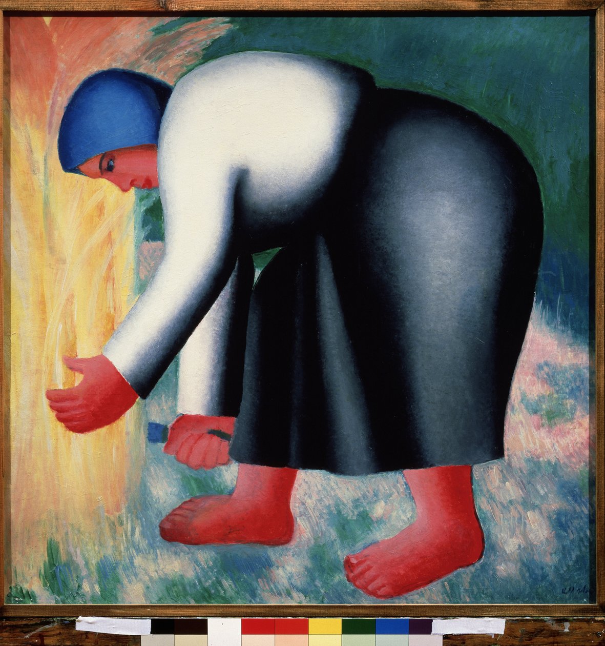 Żniwiarz. Portret wygiętej, bosej chłopki zbierającej zboże. Obraz Kasimira Severinovicha Malewicza (Malevich, Malevic) (1878-1935), olej na drewnie autorstwa Kazimir Severinovich Malevich