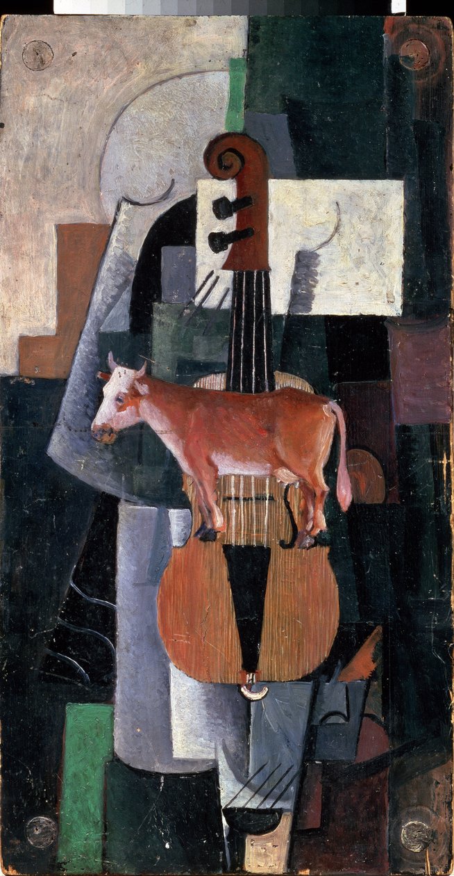 Krowa i Skrzypce (Krowa i Skrzypce). Obraz Kasimira Severinovicha Malewicza (Malevich, Malevic) (1878-1935), olej na drewnie autorstwa Kazimir Severinovich Malevich
