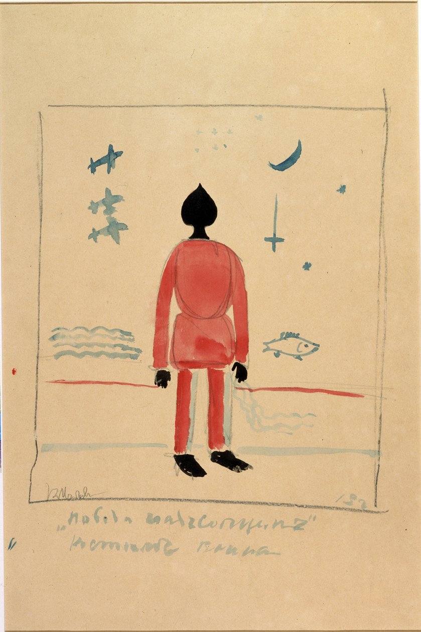 "Wojownik" ilustracja do kostiumu do opery Zwycięstwo nad słońcem Aleksieja Kroutchenykha (1886-1968) autorstwa Kazimir Severinovich Malevich