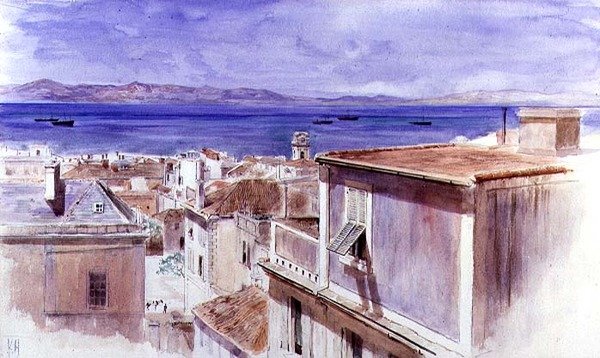 Gibraltar z wybrzeżem Hiszpanii dalej (akwarela) autorstwa Keeley Halswelle