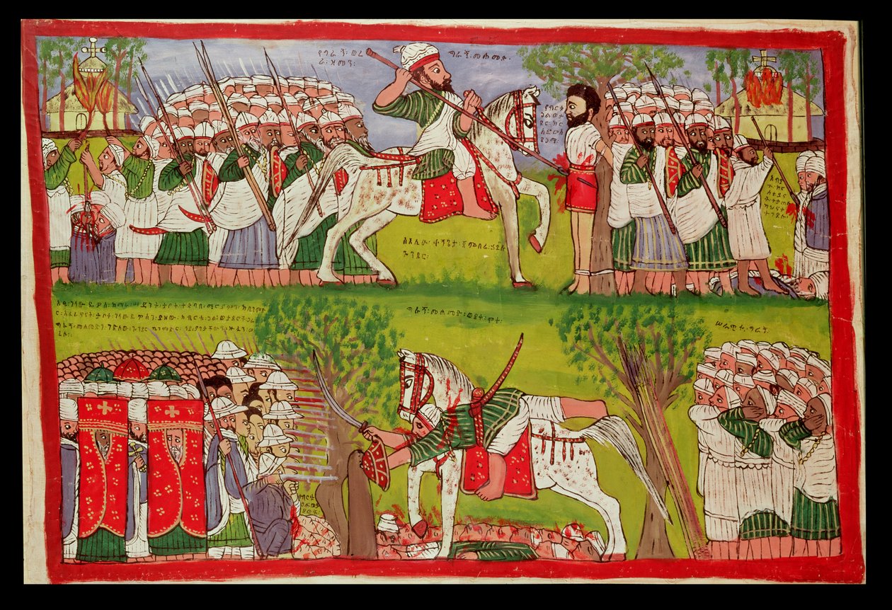 Palenie kościołów przez muzułmanów i śmierć Cristobala de Gamy oraz upadek i śmierć Ahmeda ibn Ibrahima al-Ghaziego (1506-43) Nakręcony przez portugalskiego muszkietera, ok. 1900 r. (olej na płótnie) autorstwa Kegneketa Jemlieri Hailu of Gondar
