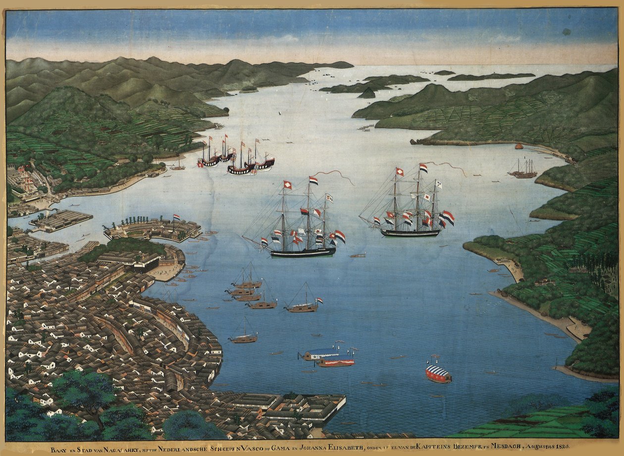 Wyspa Deshima w zatoce Nagasaki ze statkami Vasco da Gama i Johanna..., ok. 1825. autorstwa Keiga Kawahara