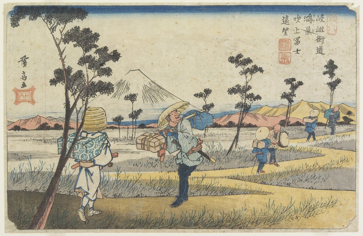 Nr 8 Odległy widok góry Fuji widziany z Fukiage w pobliżu stacji Ko_nosu, 1830-1844 autorstwa Keisai Eisen