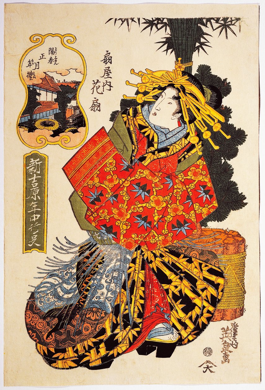 Kurtyzana Hanaogi z domu Ogiya na wiosennej paradzie kurtyzan, ok. 1830, grafika ukiyo-e autorstwa Keisai Eisena (1790-1848), drzeworyt Oban tate-e, 38,5 x 25. 7 cm, cywilizacja japońska, okres Edo autorstwa Keisai Eisen