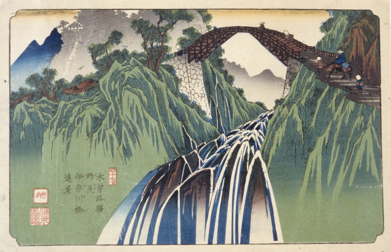 Daleki widok na most na rzece Ina w Nojiri, nr 41 (Nojiri Inagawabashi Enkei, 41) (drzeworyt kolorowy) autorstwa Keisai (1790-1848) Eisen