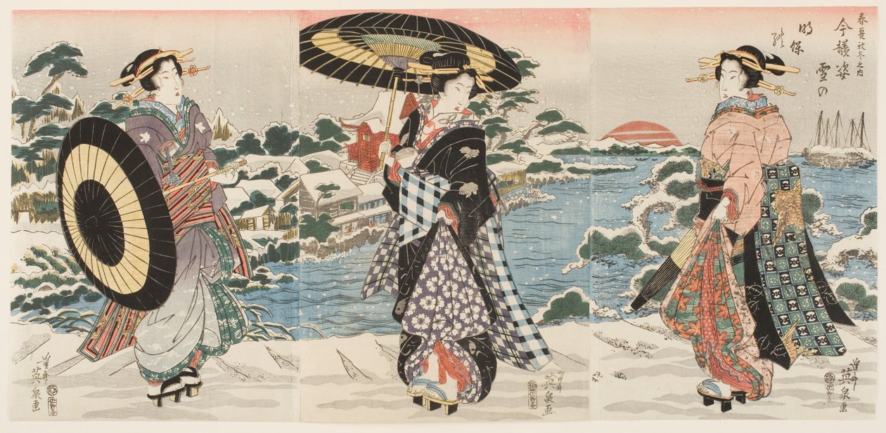 Współczesne postacie o świcie w śnieżny dzień (Imayō sugata yuki no akebono) autorstwa Keisai (1790 1848) Eisen