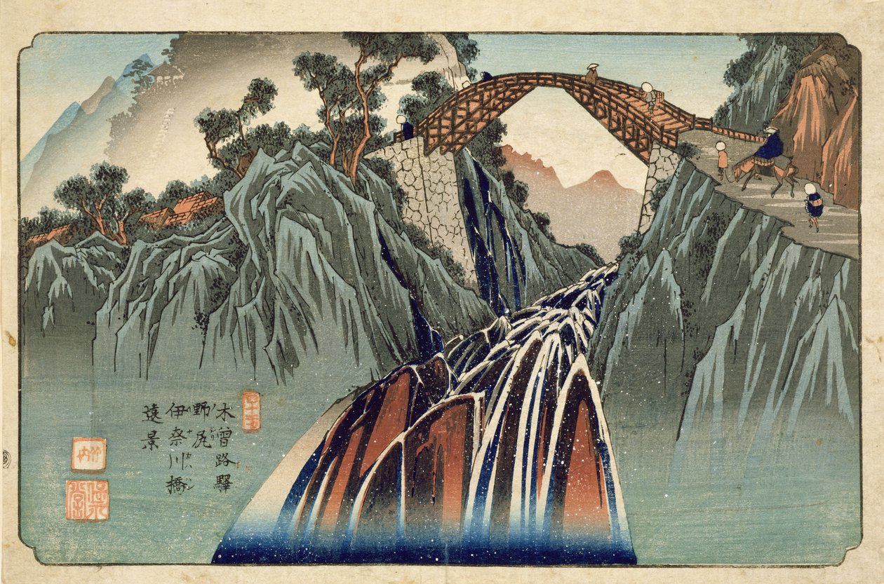 Most Inagawa w Nojiri (Nojiri Inagawa bashi Enkei) wydany przez Hoeido i Kinjudo, koniec lat 30-tych XIX wieku (odbitka drzeworytnicza ręcznie kolorowana) autorstwa Keisai Eisen