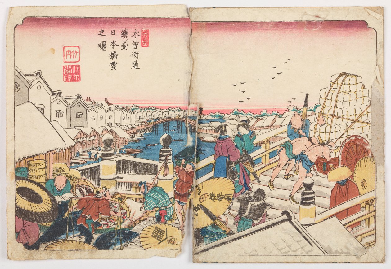 Most Nihon-bashi w śnieżny poranek, plansza 1. z serii: Droga Kisokaido / Kisokaido rokujuku zugi autorstwa Keisai Eisen