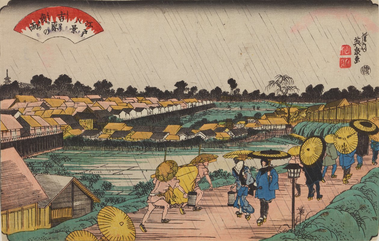 Nocny deszcz w Yoshiwara / Yoshiwara-no yoru-no ame, z serii: Osiem widoków Edo / Edo hakkei autorstwa Keisai Eisen
