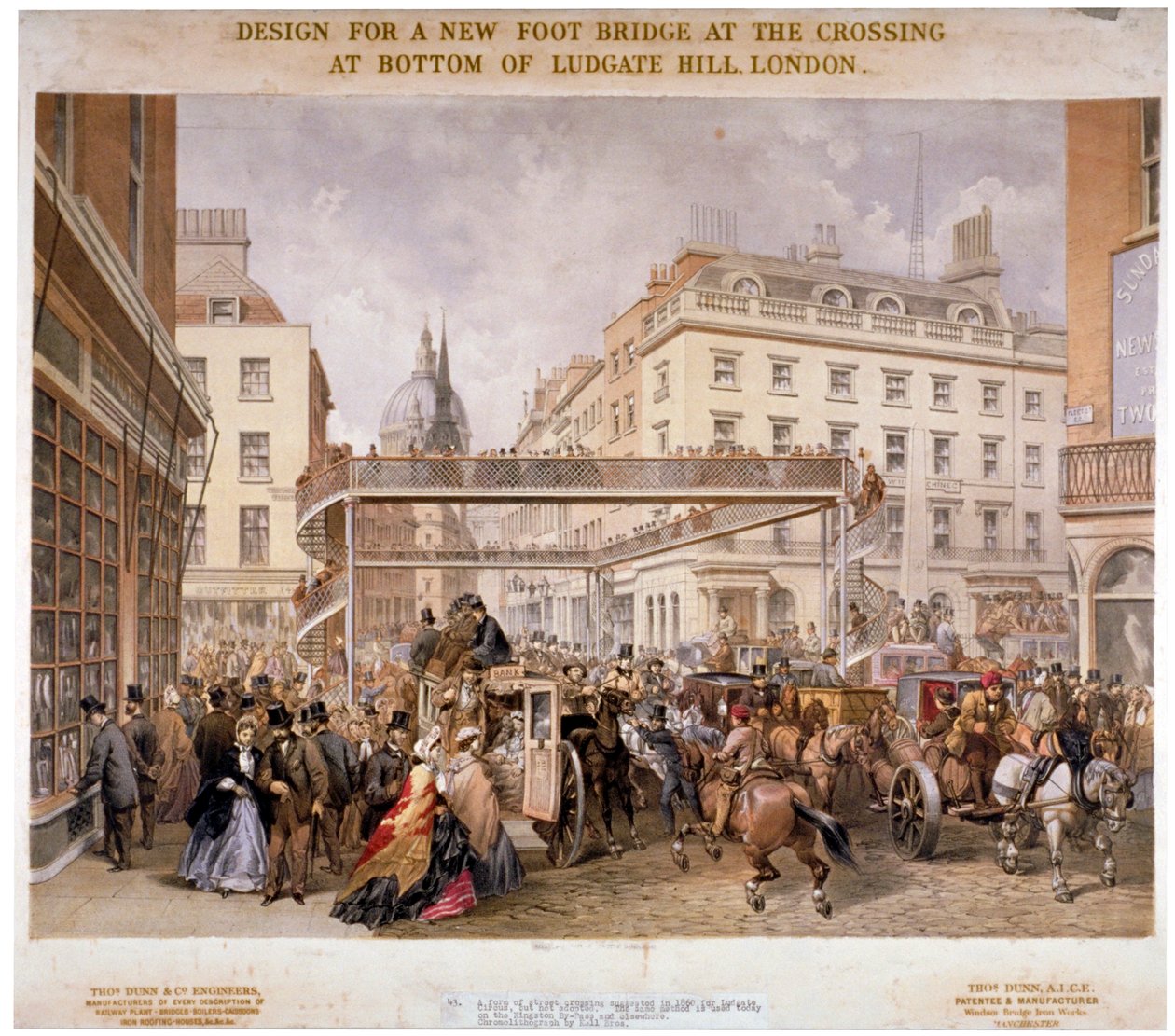 Projekt nowej kładki na skrzyżowaniu Ludgate Hill i Fleet Street, City of London, 1862. autorstwa Kell Brothers