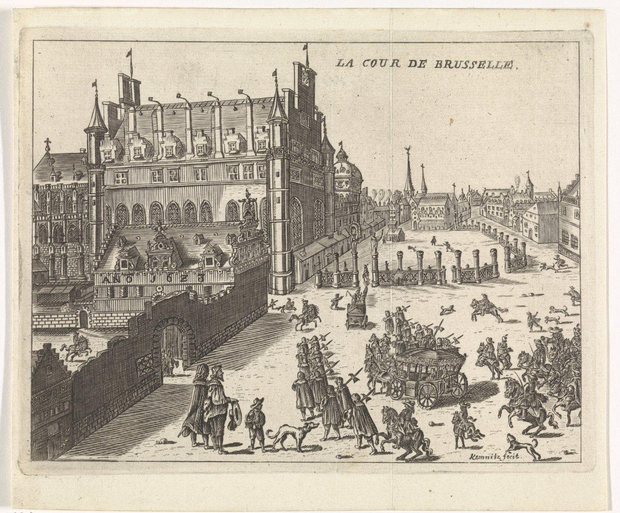 Widok na dwór w Brukseli, 1673. La cour de Brusselle (tytuł na obiekcie) autorstwa Kemnitz