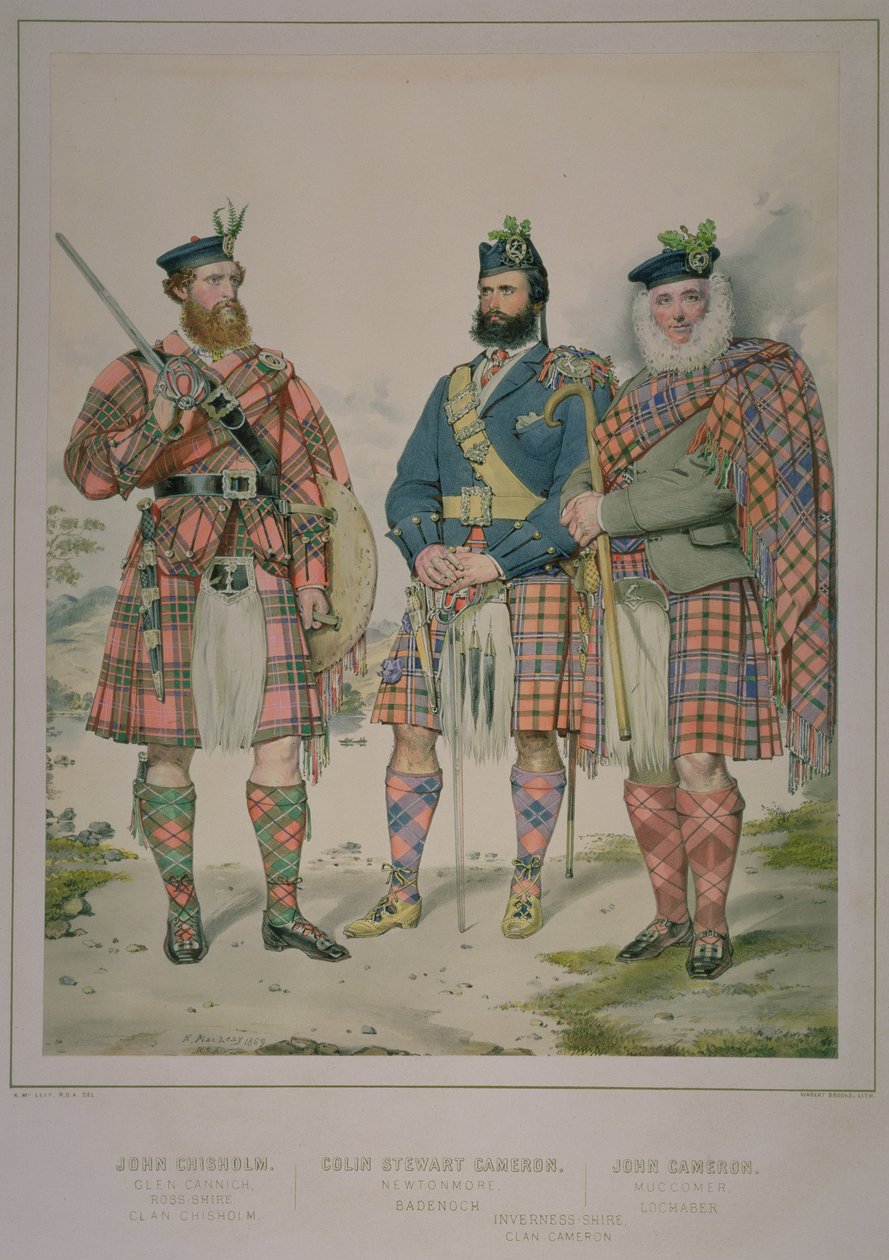 Potrójny portret Johna Chisholma, Colina Stewarta Camerona i Johna Camerona, ludzi z klanu Chisholm i klanu Cameron, opublikowany w The Highlander of Scotland z 1870, 1869 (toaleta i atrament na papierze) autorstwa Kenneth Macleay