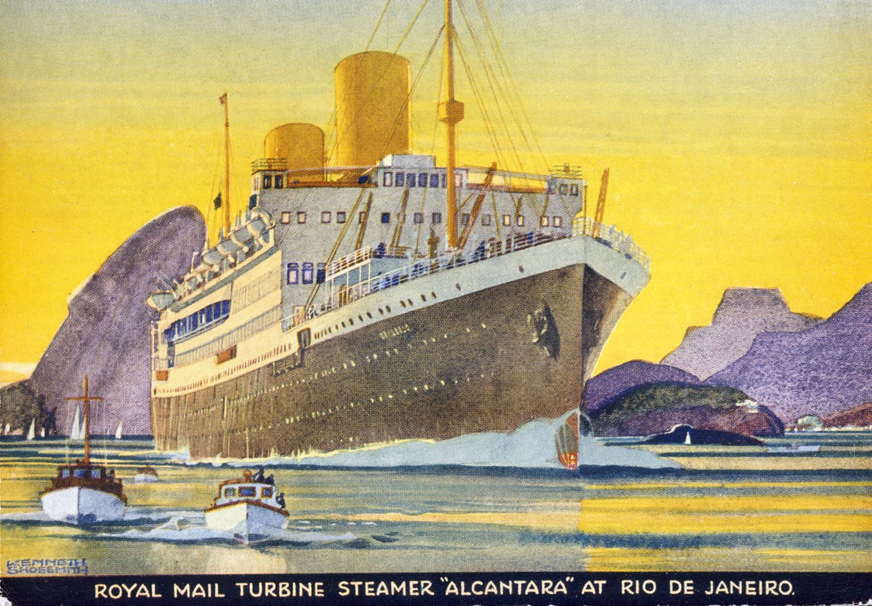 Pocztówka przedstawiająca Royal Mail Turbine Steamer "Alcantara" w Rio de Janeiro, lata 30. autorstwa Kenneth Shoesmith