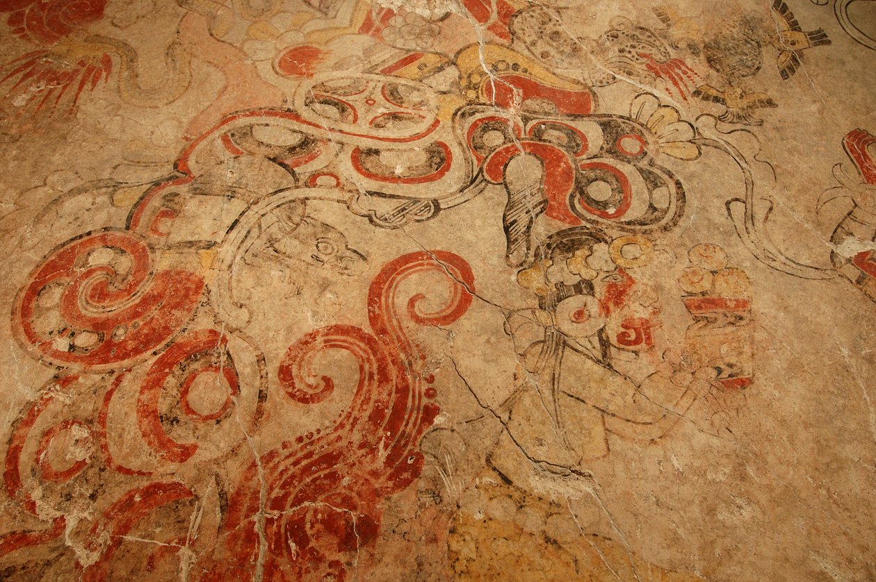 Ujście jaskini świata podziemnego, wejście na Górę Kwiatów, Majowie; Murale Majów; San Bar..., 2002 (zdjęcie) autorstwa Kenneth Garrett