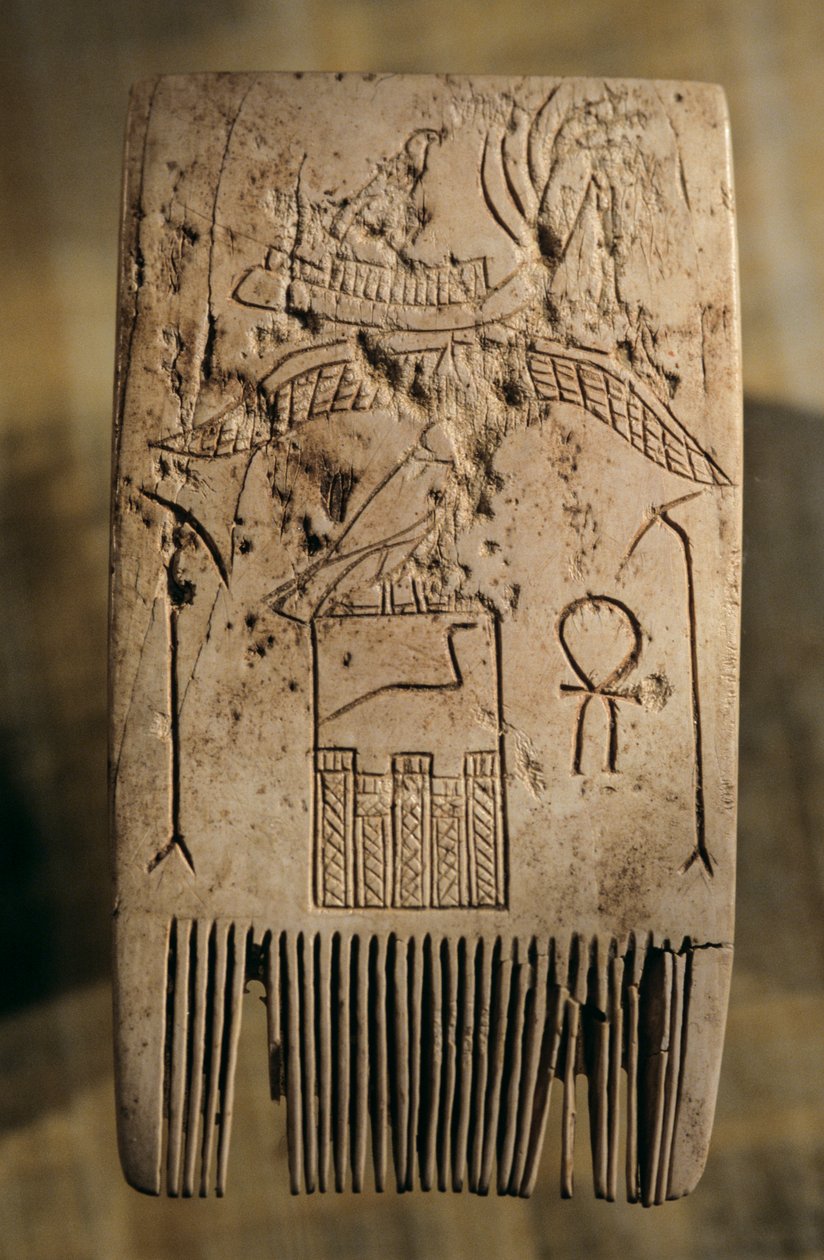 Grzebień z kości słoniowej należący do wczesnodynastycznego władcy Dżera, Abydos, Egipt, 2005 r. (zdjęcie) autorstwa Kenneth Garrett