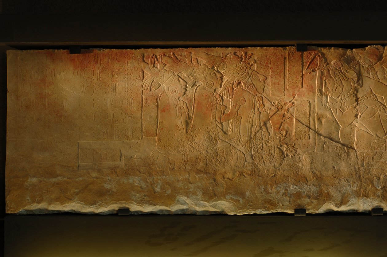Ława tronowa Świątyni 19, Palenque, Meksyk, rzeźba Akhal Mo Nab, 2005 (zdjęcie) autorstwa Kenneth Garrett