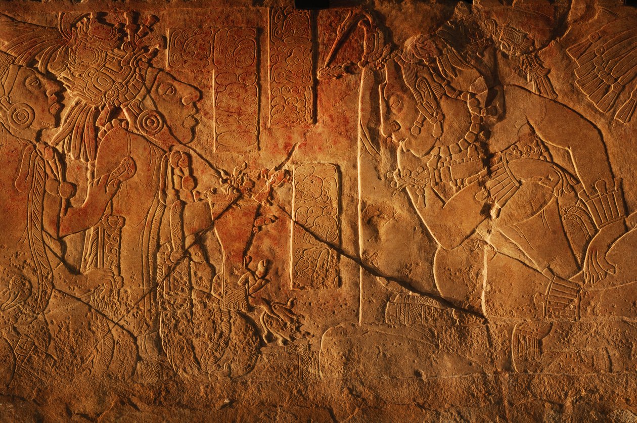 Ława tronowa Świątyni 19, Palenque, Meksyk, rzeźba Akhal Mo Nab, 2005 (zdjęcie) autorstwa Kenneth Garrett