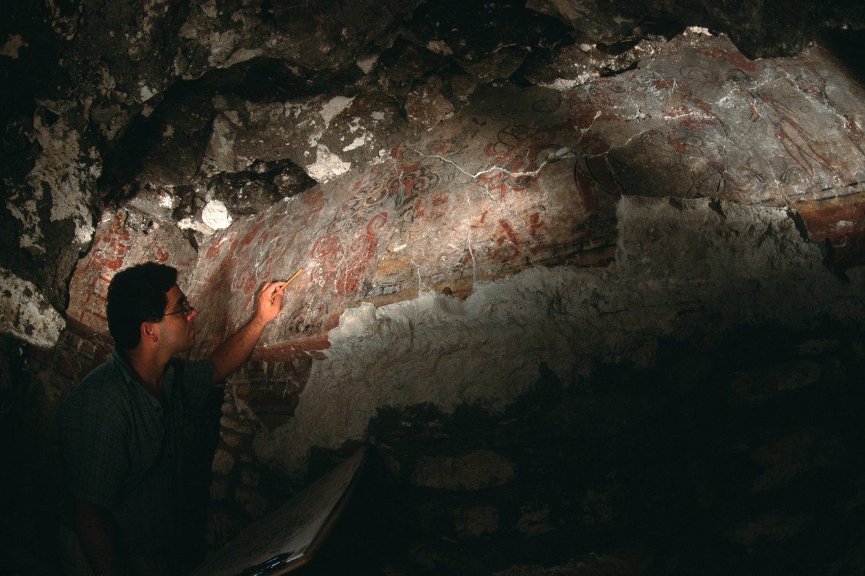 William Saturno sprawdza mural; San Bartolo; Gwatemala; Majowie, 2002 r. (zdjęcie) autorstwa Kenneth Garrett