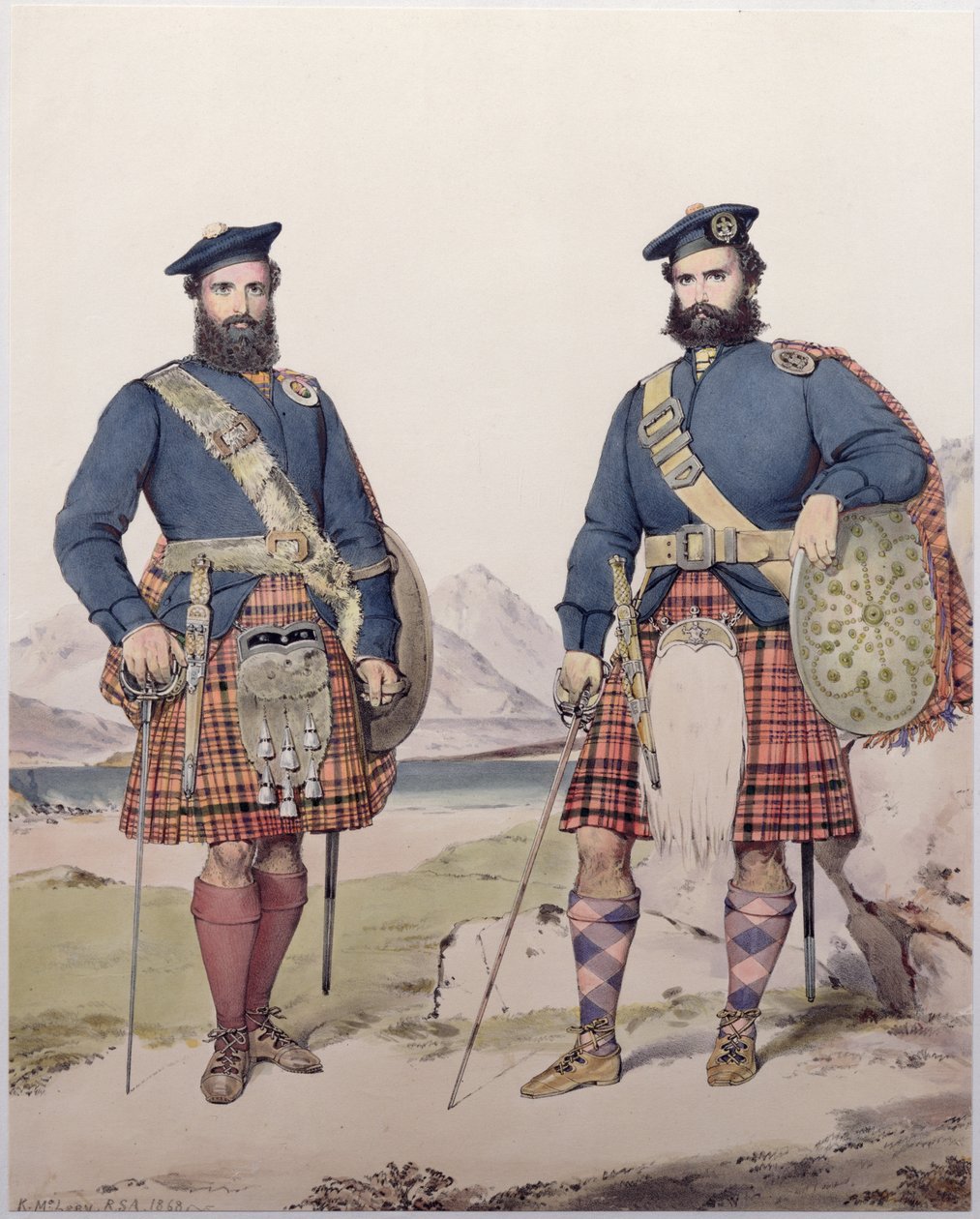 Dwóch mężczyzn w stroju Highland, grawerowane przez Vincenta Brooksa, 1868 autorstwa Kenneth Macleay