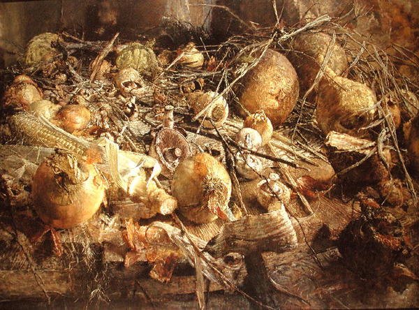 Martwa natura z cebulą, grzybami i kukurydzą w kolbie (olej na płótnie) autorstwa Kenneth Newton