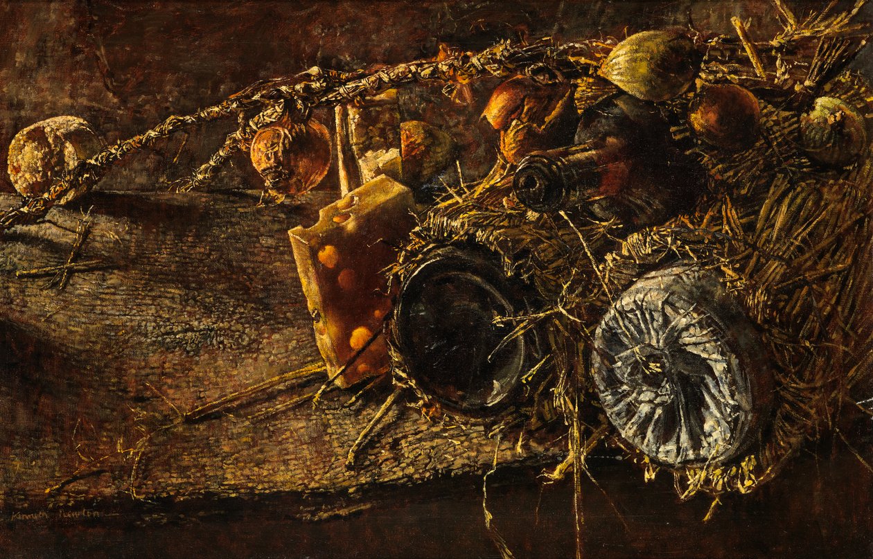 Martwa natura z serem i butelkami (olej na płótnie) autorstwa Kenneth Newton