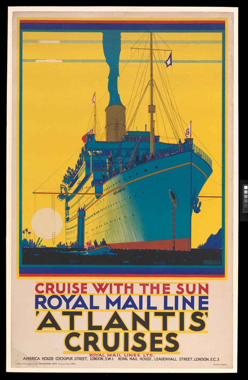 Plakat wycieczkowca: Royal Mail Line, Atlantic Cruises, "Rejs ze słońcem". ok. 1930 r. (plakat) autorstwa Kenneth Shoesmith