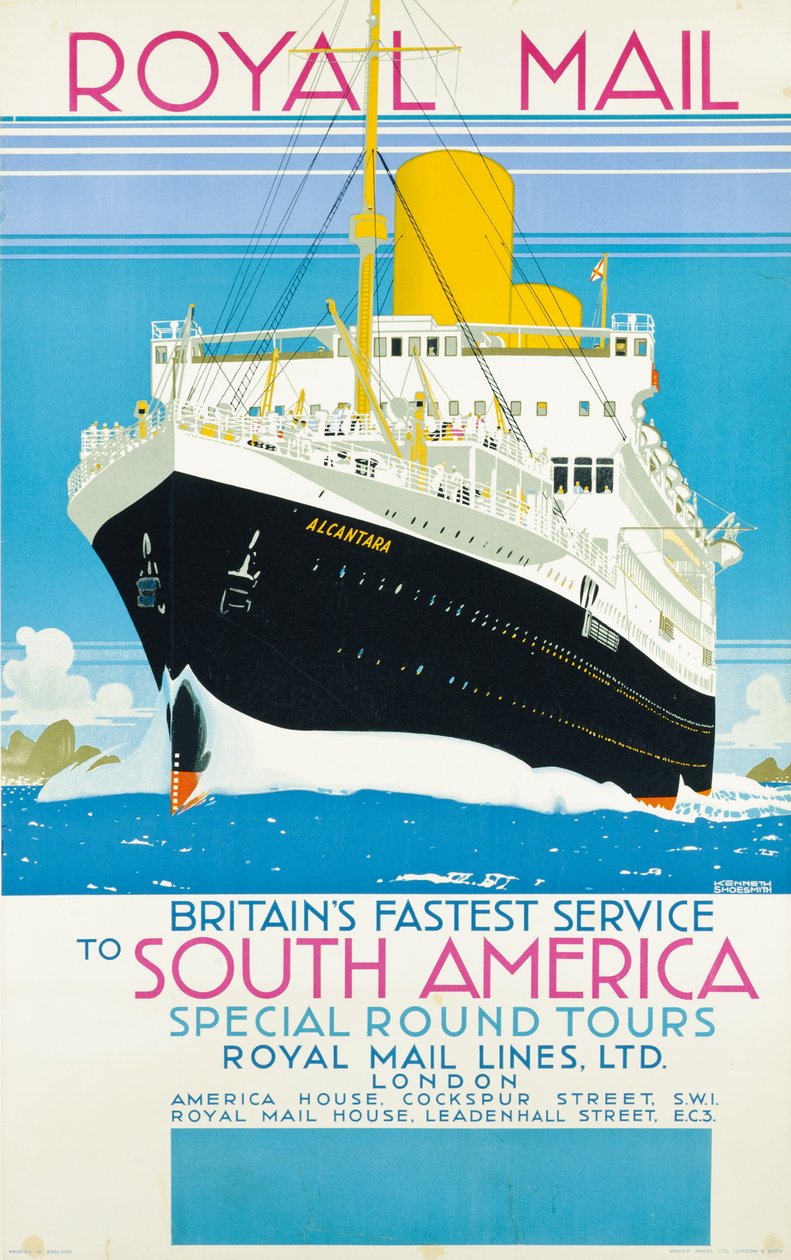 Plakat reklamujący pocztę Royal Mail do Ameryki Południowej, ok. 1930 (litografia kolorowa) autorstwa Kenneth Shoesmith