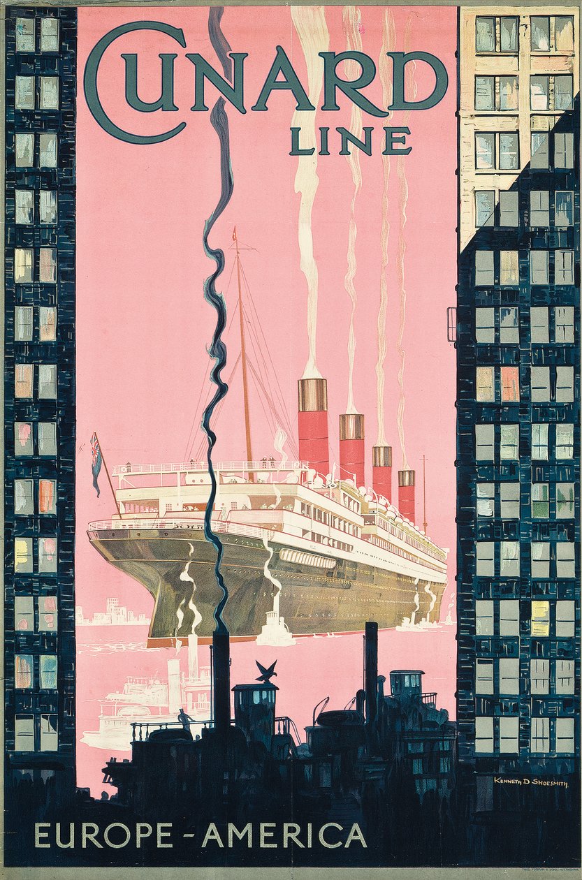 Plakat reklamujący podróż z Europy do Ameryki z firmą spedycyjną Cunard Line, ok. godz. 1925 (litografia kolorowa) autorstwa Kenneth Shoesmith