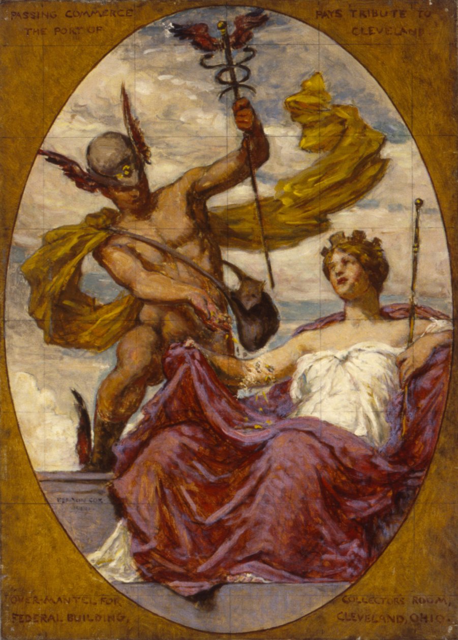 Studium do muralu w U.S. Custom House, Cleveland, OH, "Passing Commerce Pays Tribute to the Port of Cleveland" (Przechodzący handel składa hołd portowi Cleveland) autorstwa Kenyon Cox