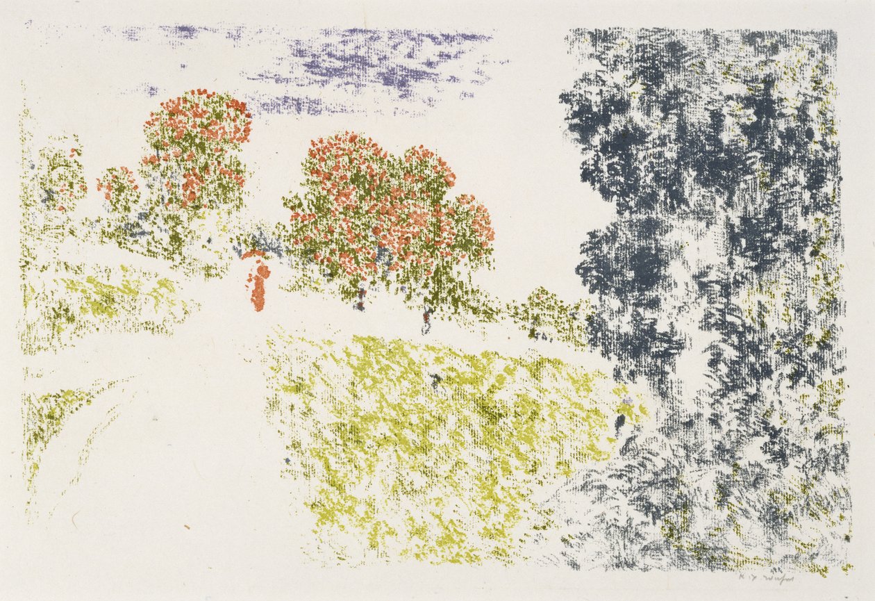 Kobieta w czerwieni w krajobrazie, 1899-1900 (litografia w kolorach) autorstwa Ker Xavier Roussel