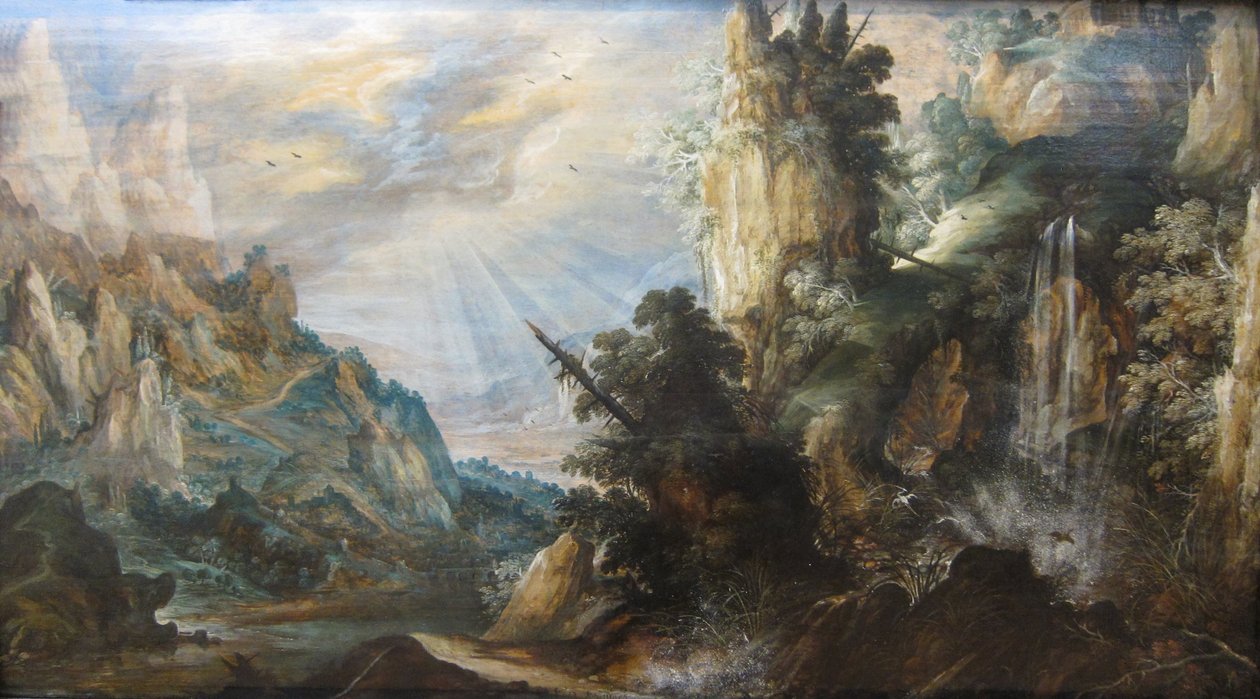 "Krajobraz górski z wodospadem" autorstwa Kerstiaena de Keunincka, ok. 1600 r. autorstwa Kerstiaen de Keuninck