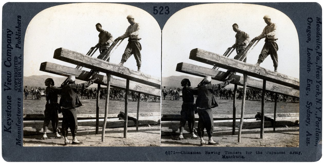 Chińczycy tarli drewno dla armii japońskiej, Mandżuria, wojna rosyjsko-japońska, 1904-1905. autorstwa Keystone View Company