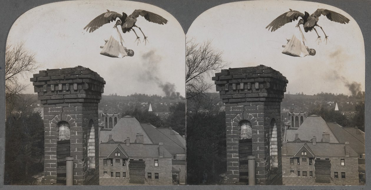 W dawnych czasach, gdyby ludzie byli dobrzy, bocian przyniósłby dziecko słodkie i uczciwe, 1907. autorstwa Keystone View Company