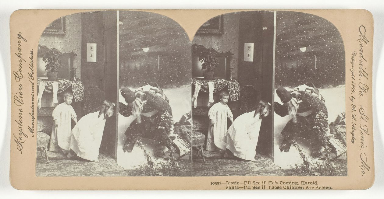 Jessie - Zobaczę, czy przyjdzie, Harold. Święty Mikołaj – Sprawdzę, czy te dzieci śpią, 1899. autorstwa Keystone View Company