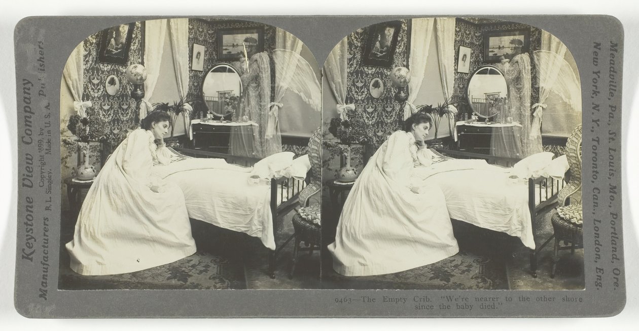 Puste łóżeczko. Jesteśmy bliżej drugiego brzegu od śmierci dziecka w 1899 roku. autorstwa Keystone View Company