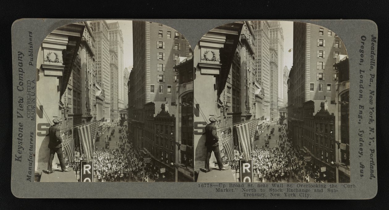 Broad St. w pobliżu Wall St., z widokiem na "Curb Market", na północ do Stock Exchange i Sub-Treasury, Nowy Jork autorstwa Keystone View Company