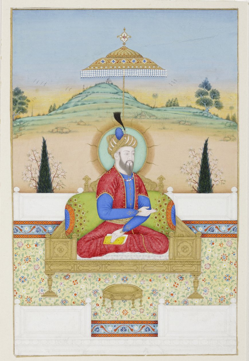 Babur w intronizacji, ok. 1720 r. (płótno i złoto na papierze) autorstwa Khair Ullah