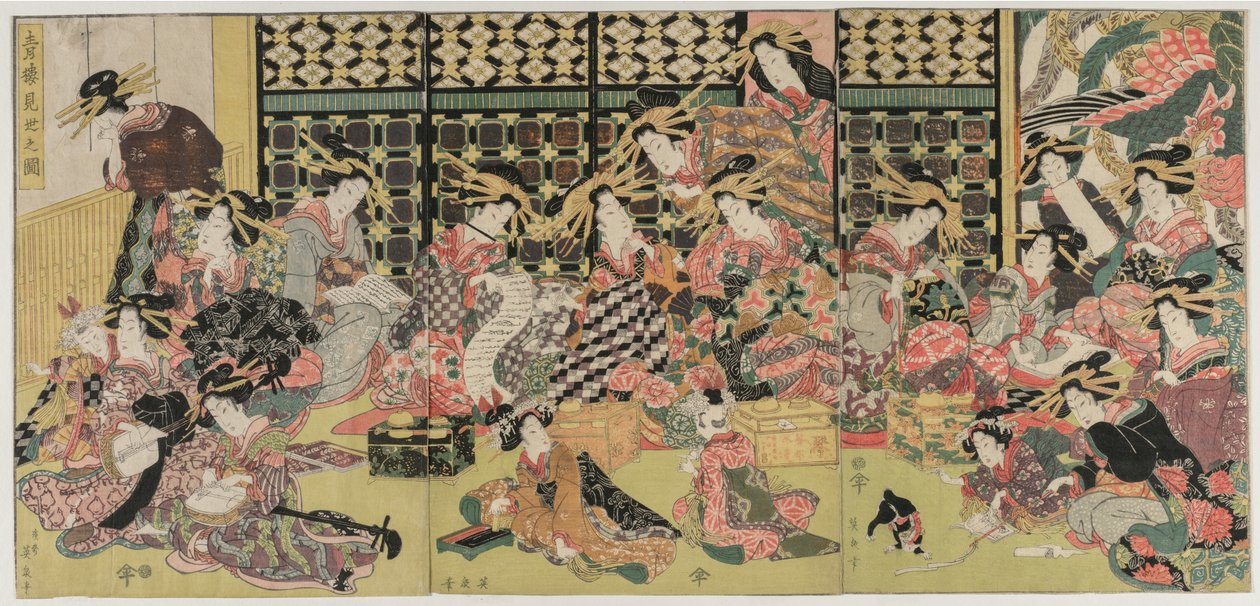 Zdjęcie przedstawiające oglądanie w Dzielnicach Rozkoszy, lata 1810. XIX wieku. autorstwa Kikugawa Eizan