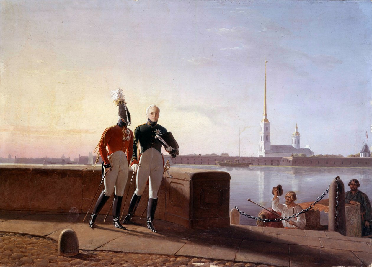 Rosyjski car Aleksander I (1777-1825) i jego brat Konstantyn na skraju Obrazu Newskiego Kila (XIX w.) Ermitaż, Sankt Petersburg autorstwa Kil