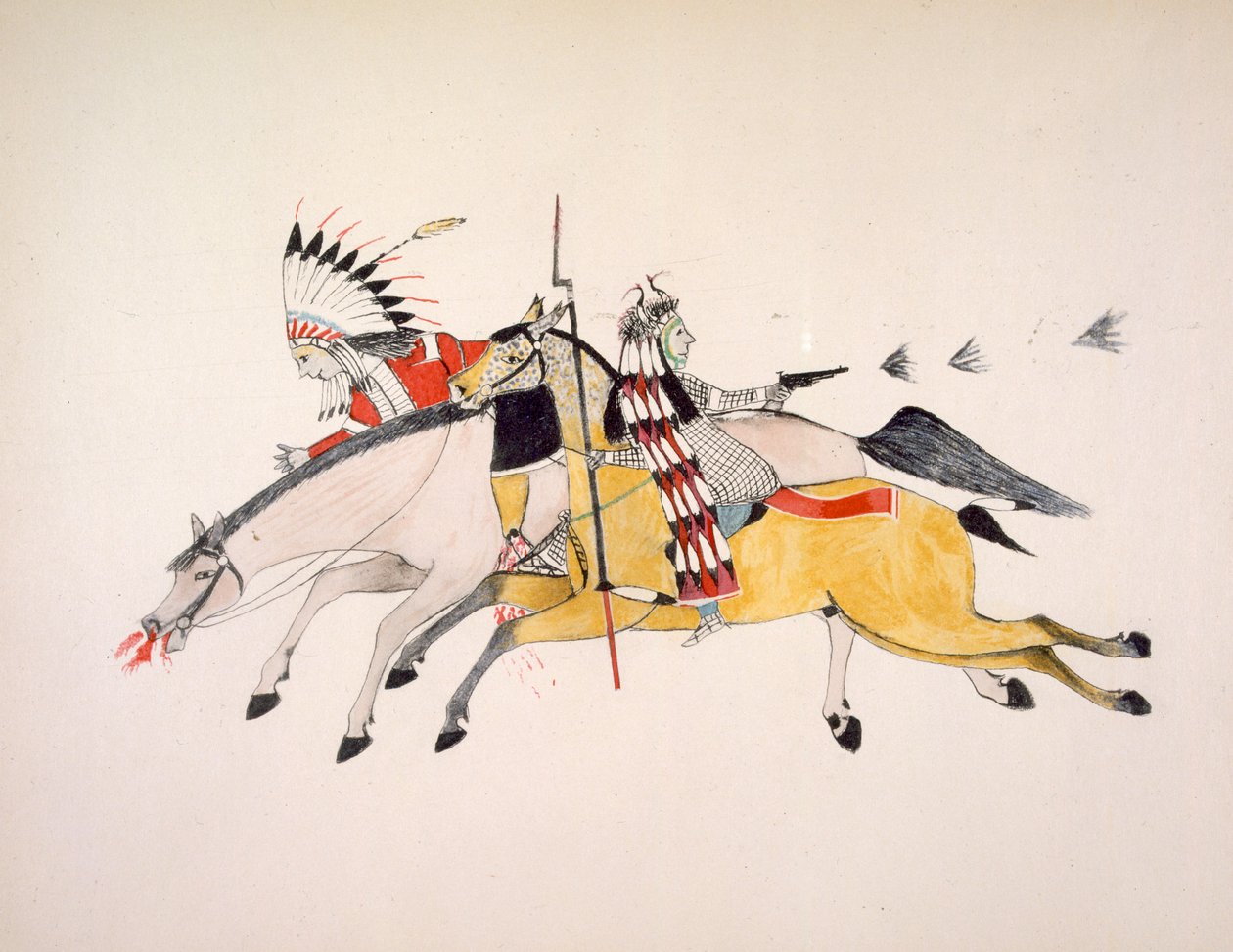 Red Walker i jego towarzysz uciekający przed ścigającymi go Indianami Crow (pigment na płótnie) autorstwa Kills Two