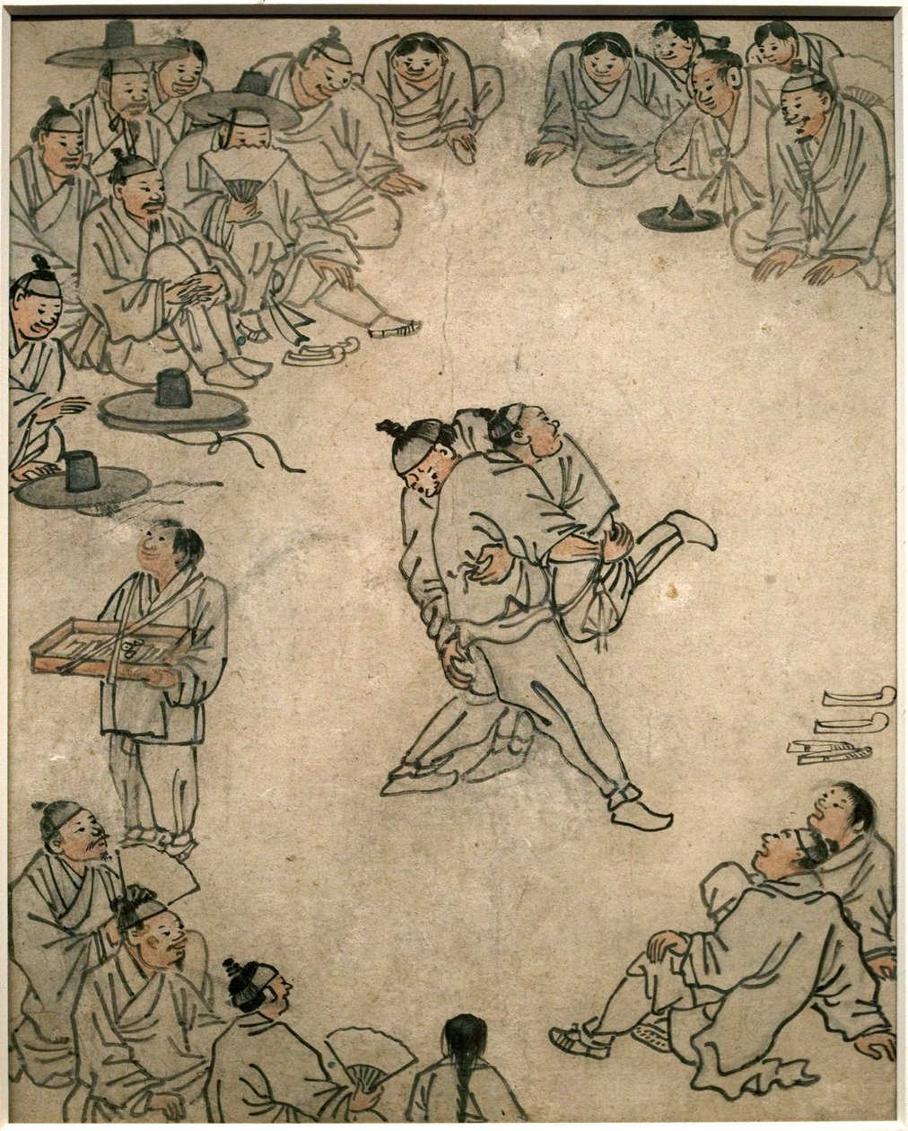 Scena tradycyjnych zapasów z widzami i sprzedawcą słodyczy. Obraz Danwona (Kim Hongdo) (1745-1806), tusz na papierze, sztuka Coreen, okres Joseon (Choson) XVIII wiek. Muzeum Narodowe Korei, Seul (Korea Południowa). autorstwa Kim Hong Do