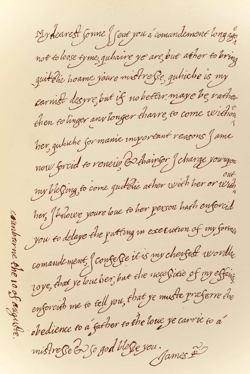 Faksymile listu z 10 sierpnia 1623 roku od Jakuba I do księcia Karola, wydrukowany przez Manzi Joyant & Co. Paris, 1904 (kolotypia) autorstwa King James I