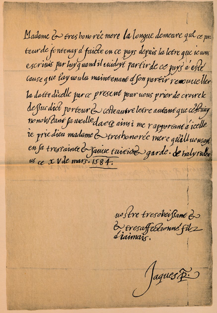 List króla Jakuba VI 1566-1625 do jego matki, królowej Marii 1542-1587, 1584-5 autorstwa King James I