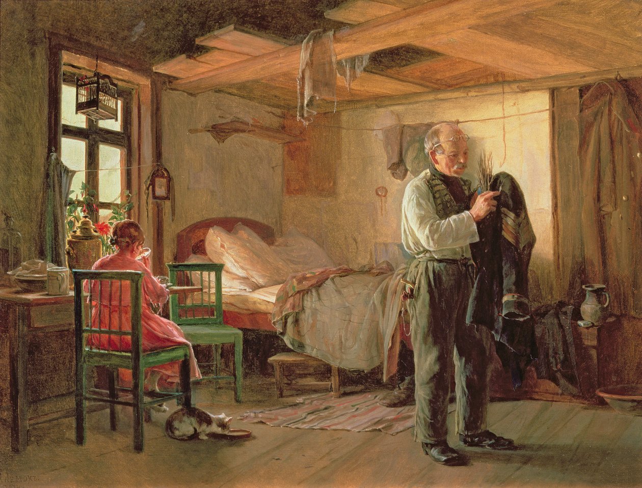 Poranek w portierni, 1874 autorstwa Kirill Vikentevich Lemokh