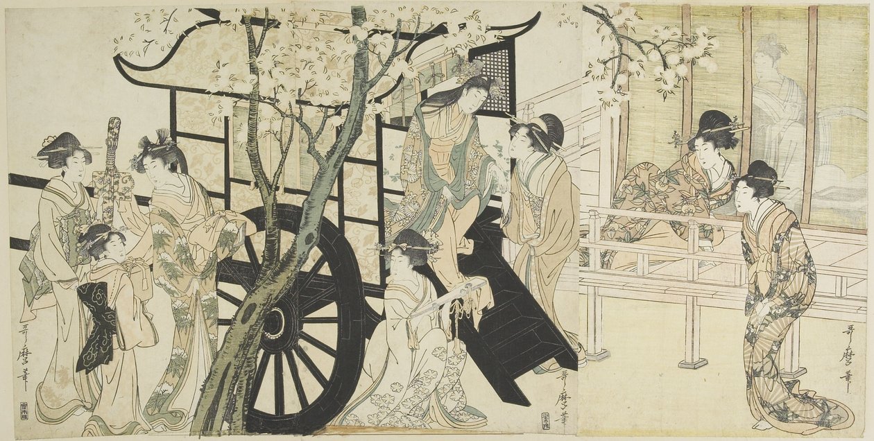 (Oglądanie kwiatów wiśni przyrównanych do sceny z cesarskim powozem), c. 1798 autorstwa Kitagawa Utamaro