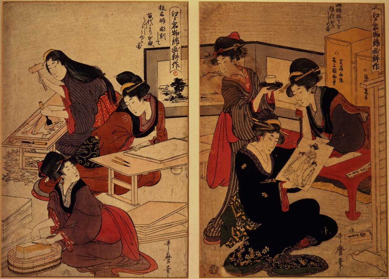 Rzemieślnicy wykonujący drzeworyt, ok. 1857 (kolorowy drzeworyt) autorstwa Kitagawa Utamaro