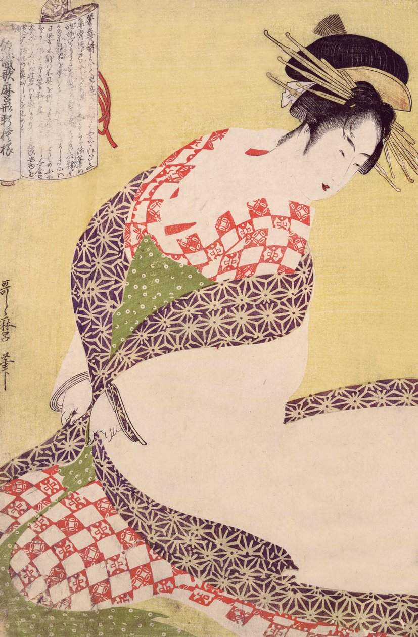 Klęcząca kurtyzana autorstwa Kitagawa Utamaro