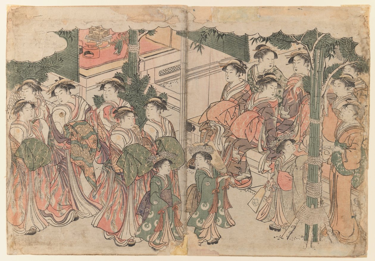 Kurtyzany Entourage na festiwalu noworocznym, ok. 1785 (dyptyk) autorstwa Kitagawa Utamaro